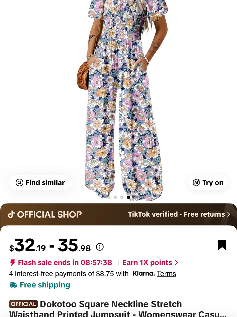 Dokotoo Floral square neckline stretch waistband Wide Leg Jumpsuit - Picture 7 of 7